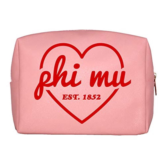 Sorority Shop Phi Mu Makeup Bag - Multi-Purpose PU Leather, Water-Resistant Makeup travel bag with Licensed Design and Zipper Closure, Perfect Phi Mu Sorority Gifts for Women