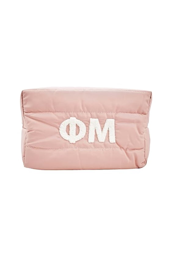 Sorority Shop Phi Mu Makeup Bag - Puffer Style with Sorority Letters, Travel Cosmetic Bag with Zipper Closure, Perfect Phi Mu Sorority Gifts for Women