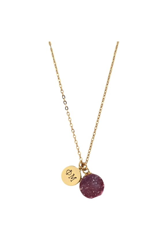 Phi Mu Pink Druzy Gemstone Necklace with Engraved Pendant 14K Gold-Dipped Jewelry Sorority Gift, Charm Paraphernalia