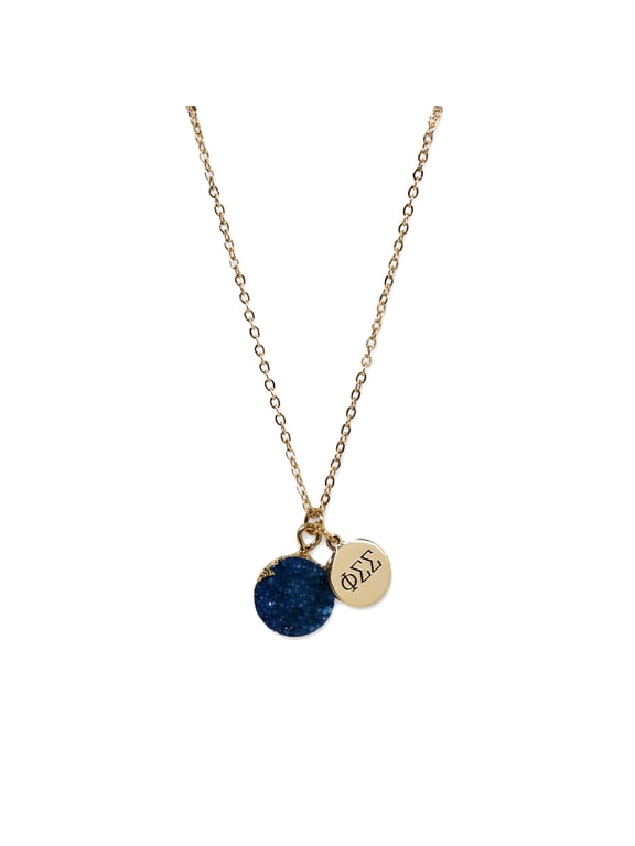 Phi Sigma Sigma Dark Blue Druzy Gemstone Necklace with Engraved Pendant 14K Gold-Dipped Jewelry Sorority Gift, Charm Paraphernalia