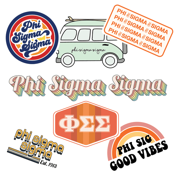 Sorority Shop Phi Sigma Sigma - Sticker Sheet - Retro Theme Vinyl Sorority Stickers with Officially Licensed Designs, Removable Adhesive, 7 Stickers per Sheet