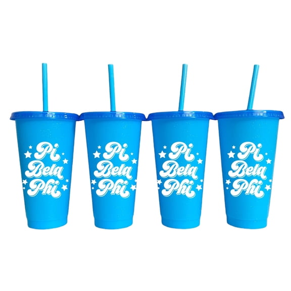 Sorority Shop Pi Beta Phi Glitter Color Changing Cups - Pack of 4 Reusable Cups with Lids and Straws, Pi Beta Phi Cup, Perfect Size 24 Oz Tumbler Cups, With Cool Retro Design Logo