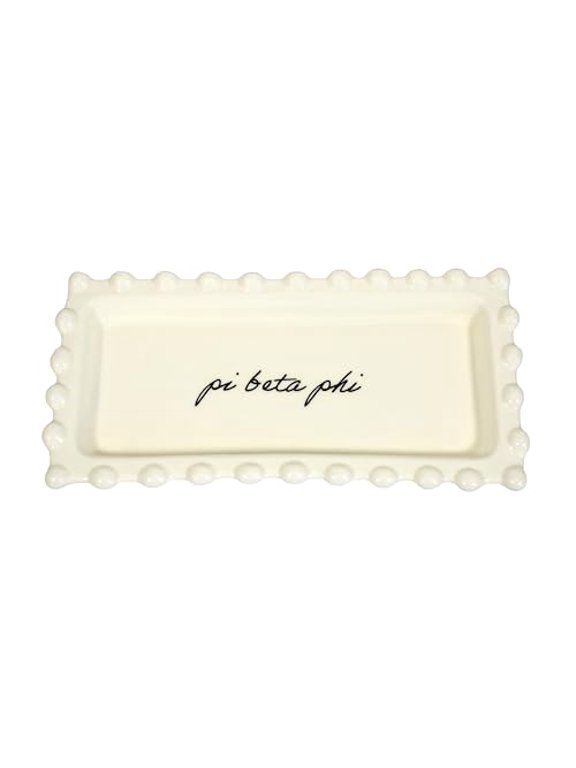 Pi Beta Phi Jewelry Dish - Rectangular Gloss Finish Ceramic tray with Sorority Name in Cursive Script, Multi-Function Ceramic Ring Dish, Ideal for Jewelry and Keys