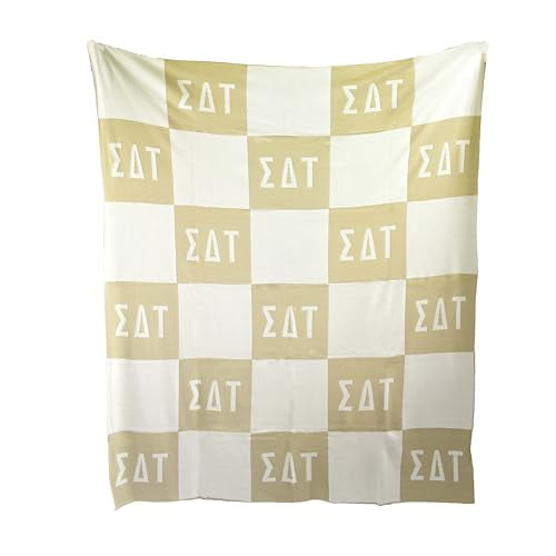 Sorority Shop Sigma Delta Tau Acrylic Knit Blanket - Stylish Beige Checkered Blanket Perfect for Big Little Sorority Gifts - Soft, Cozy, and Comfortable Gift Blanket for Women - 50" X 62"