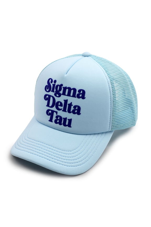Sigma Delta Tau Baseball Cap - Mesh Trucker-Style Hat, Padded Front Panel and Snap Closure (Blue)