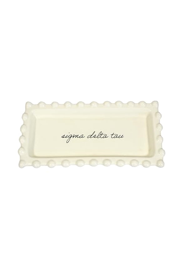 Sigma Delta Tau Jewelry Dish - Rectangular Gloss Finish Ceramic tray with Sorority Name in Cursive Script, Multi-Function Ceramic Ring Dish, Ideal for Jewelry and Keys