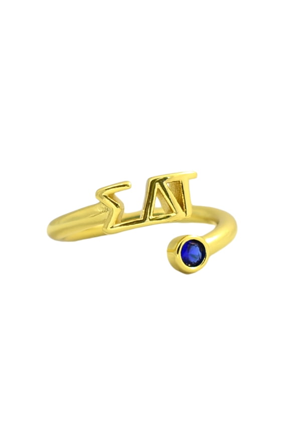 Sigma Delta Tau Ring, Wraparound Ring with 18k PVD Gold Coating and Cubic Zirconia Sapphire Blue Stone