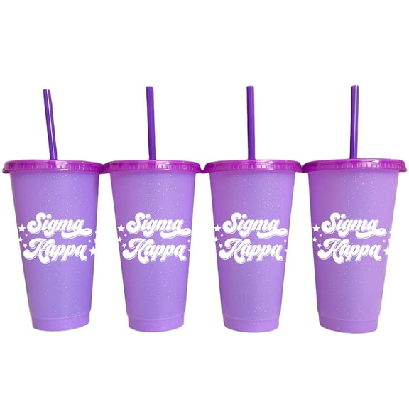 Sorority Shop Sigma Kappa Glitter Color Changing Cups, 4-Pack Reusable Cups with Lids and Straws