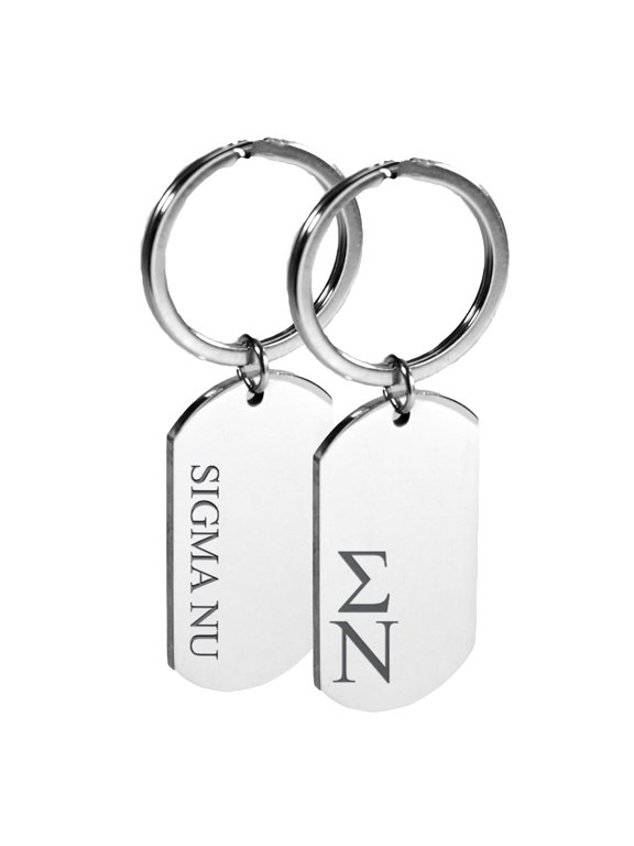 Sigma Nu Fraternity Keychain - Stainless Steel Dog Tag Design with Engraved Greek Letters and Fraternity Name