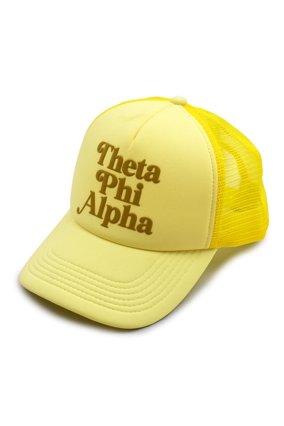Theta Phi Alpha Baseball Cap - Mesh Trucker-Style Hat, Padded Front Panel and Snap Closure (Yellow)