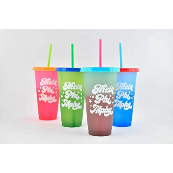Sorority Shop Theta Phi Alpha Color Changing Cups - Pack of 4 Reusable Cups with Lids and Straws, Theta Phi Alpha Cup, Perfect Size 24 Oz Tumbler Cups, Mix and Match Lids With Cool Retro Design