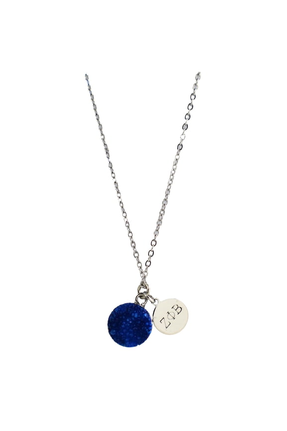 Zeta Phi Beta Dark Blue Druzy Gemstone Necklace with Engraved Pendant Matte Rhodium-Plated Jewelry Sorority Gift, Charm Paraphernalia