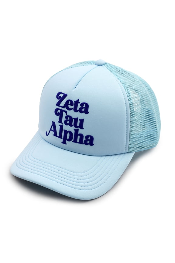 Zeta Tau Alpha Baseball Cap - Mesh Trucker-Style Hat, Padded Front Panel and Snap Closure (Blue)