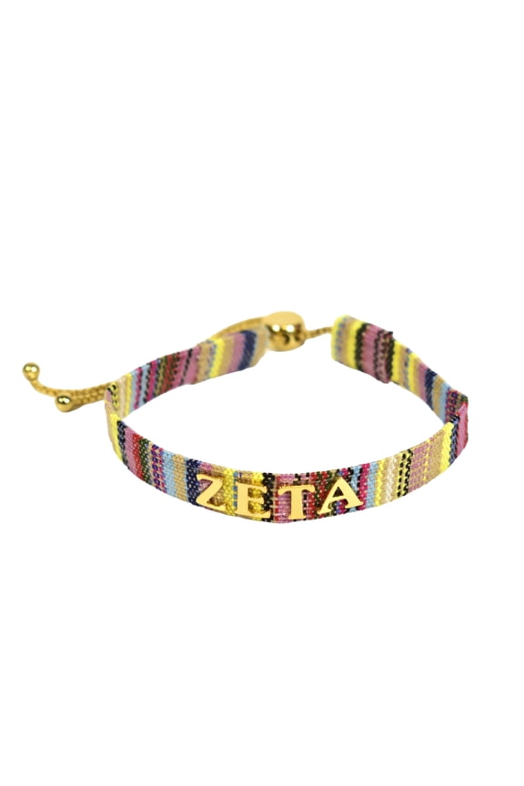 Zeta Tau Alpha Bracelet Multi-Color Woven Bracelet with Gold-plated Sorority Nickname and Adjustable Clasp