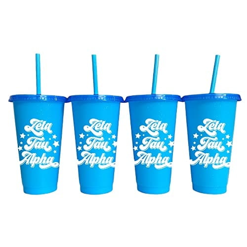 Sorority Shop Zeta Tau Alpha Glitter Color Changing Cups, 4-Pack Reusable Cups with Lids and Straws