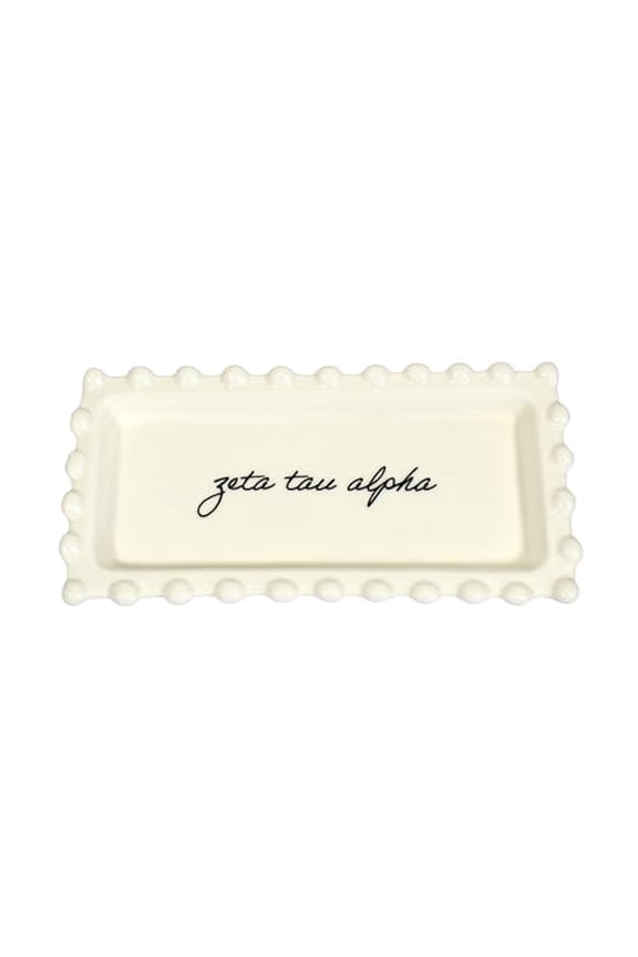Zeta Tau Alpha Jewelry Dish - Rectangular Gloss Finish Ceramic tray with Sorority Name in Cursive Script, Multi-Function Ceramic Ring Dish, Ideal for Jewelry and Keys