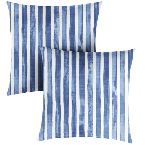 Sorra Home Blue and White Stripe Indoor/Outdoor Knife Edge Square Pillows (Set of 2) 22 x 22 x 6 - Nelson Commodore Blue