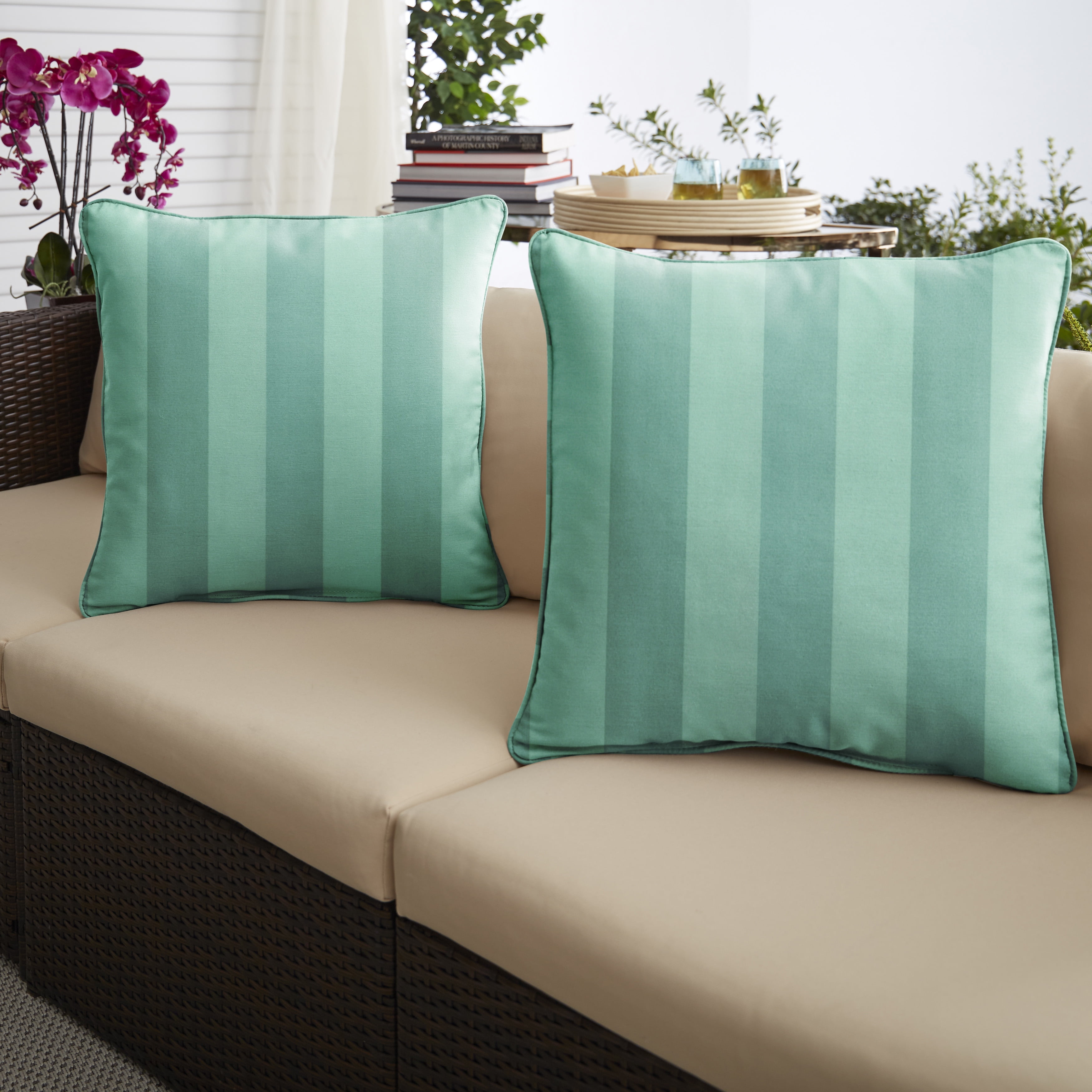 Sorra Home Lagoon Stripe Indoor/Outdoor Corded Pillow Set - Pack of 2