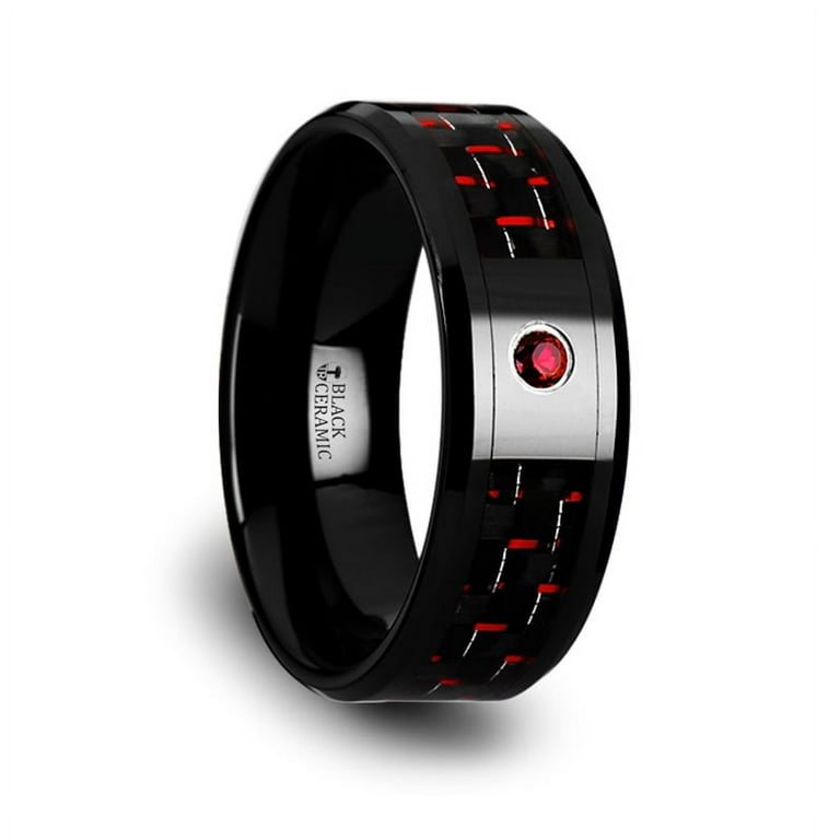 Thorsten SORRELL Black Ceramic Ring Black and Red Carbon Fiber Ruby Setting - 8mm Thorsten SORRELL Black Ceramic Ring Black and Red Carbon Fiber Ruby Setting - 8mm