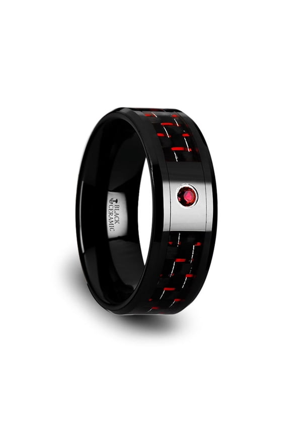 Sorrell Black Ceramic Ring With Black And Red Carbon Fiber And Red Ruby Setting