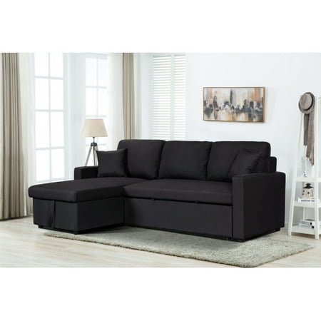 Sorrelle 82"W Black Linen Fabric Reversible Sleeper Sectional Sofa with Storage Chaise