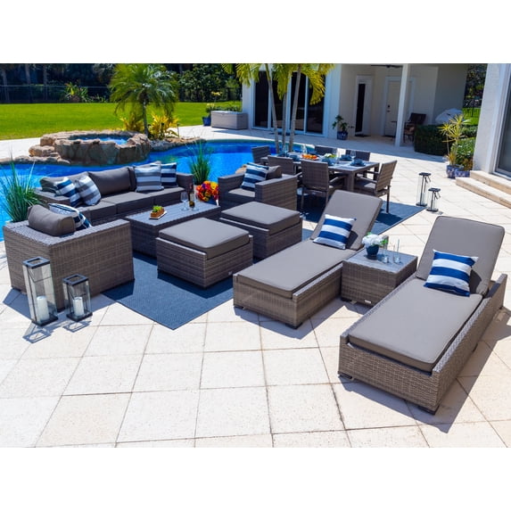 Sorrento 16-Piece Resin Wicker Outdoor Patio Furniture Combination Set in Gray w/ Sofa Set, Six-seat Dining Set, and Chaise Lounge Set (Flat-Weave Gray Wicker, Sunbrella Canvas Charcoal)