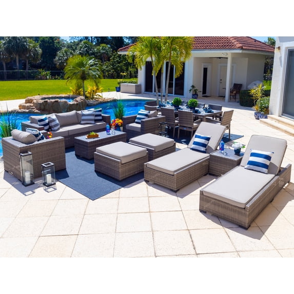 Sorrento 18-Piece Resin Wicker Outdoor Patio Furniture Combination Set in Gray w/ Sofa Set, Eight-seat Dining Set, and Chaise Lounge Set (Flat-Weave Gray Wicker, Polyester Light Gray)