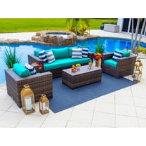 Sorrento 4-Piece L Resin Wicker Outdoor Patio Furniture Conversation Sofa Set in Brown w/Three-seat Sofa, Two Armchairs, and Coffee Table (Flat-Weave Brown Wicker, Sunbrella Canvas Aruba)