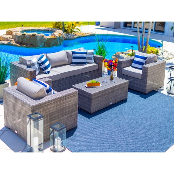 Sorrento 4-Piece L Resin Wicker Outdoor Patio Furniture Conversation Sofa Set in Gray w/ Three-seat Sofa, Two Armchairs, and Coffee Table (Flat-Weave Gray Wicker, Polyester Light Gray)