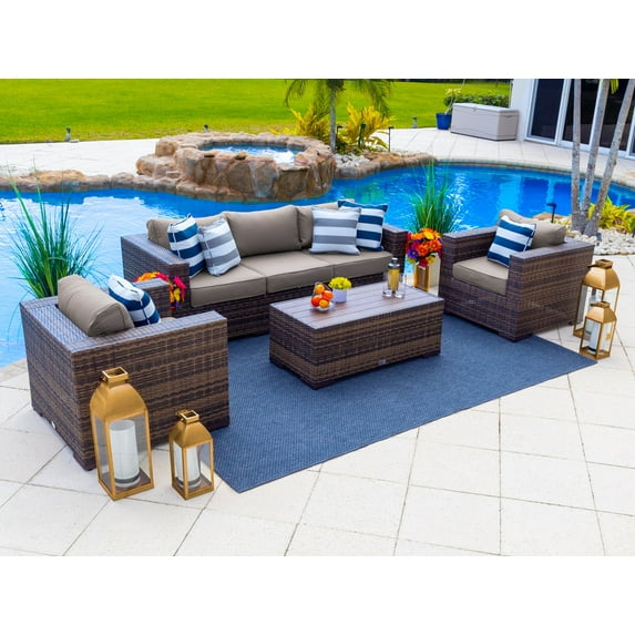 Sorrento 4-Piece M Resin Wicker Outdoor Patio Furniture Conversation Sofa Set in Brown w/Loveseat, Two Armchairs, and Coffee Table (Flat-Weave Brown Wicker, Sunbrella Canvas Taupe)