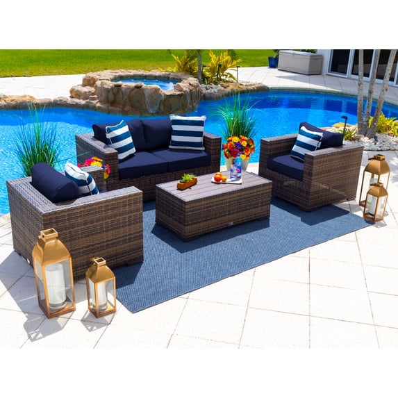 Sorrento 4-Piece M Resin Wicker Outdoor Patio Furniture Conversation Sofa Set in Brown w/Loveseat, Two Armchairs, and Coffee Table (Flat-Weave Brown Wicker, Sunbrella Canvas Navy)