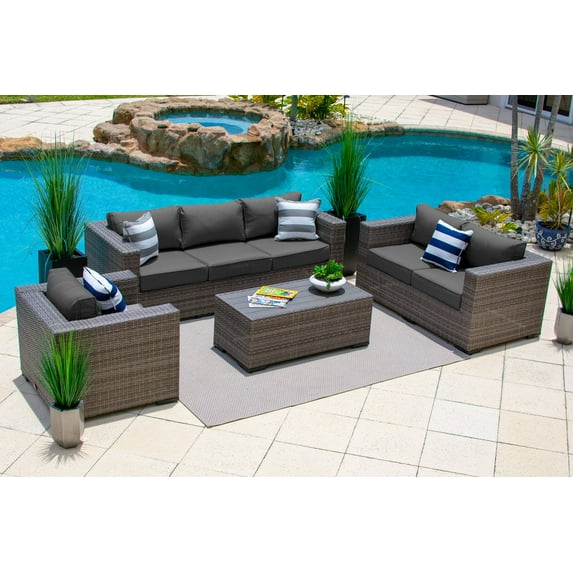 Sorrento 4-Piece XL Resin Wicker Outdoor Patio Furniture Conversation Sofa Set in Gray w/ Three-seat Sofa, Loveseat Sofa, and Coffee Table (Flat-Weave Gray Wicker, Sunbrella Canvas Charcoal)
