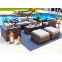 Sorrento 6-Piece L Resin Wicker Outdoor Patio Furniture Lounge Sofa Set in Brown w/ Three-seat Sofa, Two Armchairs, Two Ottomans, and Coffee Table (Flat-Wicker Brown Wicker, Polyester Light Gray)