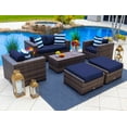 thumbnail image 1 of Sorrento 6-Piece M Resin Wicker Outdoor Patio Furniture Lounge Sofa Set in Brown w/ Loveseat Sofa, Two Armchairs, Two Ottomans, and Coffee Table (Flat-Weave Brown Wicker, Sunbrella Canvas Navy), 1 of 4