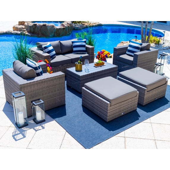 Sorrento 6-Piece M Resin Wicker Outdoor Patio Furniture Lounge Sofa Set in Gray w/ Loveseat, Two Armchairs, Two Ottomans, and Coffee Table (Flat-Weave Gray Wicker, Sunbrella Canvas Charcoal)