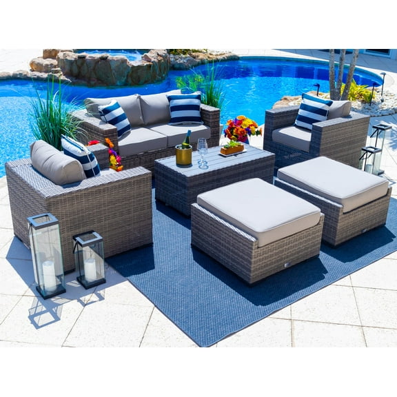 Sorrento 6-Piece M Resin Wicker Outdoor Patio Furniture Lounge Sofa Set in Gray w/ Loveseat, Two Armchairs, Two Ottomans, and Coffee Table (Flat-Weave Gray Wicker, Polyester Light Gray)
