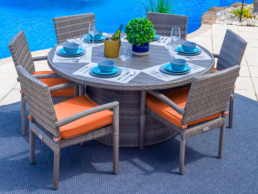 Sorrento 7-Piece Outdoor Patio Furniture Round Dining Table Set in Gray w/ Dining Table and Six ...