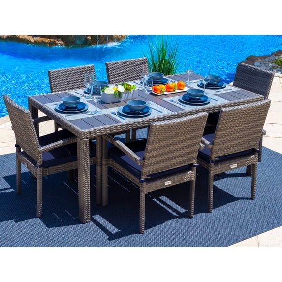 Sorrento 7-Piece Resin Wicker Outdoor Patio Furniture Dining Table Set in Gray w/ Dining Table and Six Cushioned Chairs (Flat-Weave Gray Wicker, Sunbrella Canvas Navy)