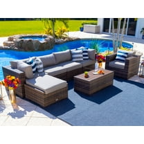 Sorrento 7-Piece Resin Wicker Outdoor Patio Furniture Sectional Sofa Set in Brown w/ Four Sectional Pieces, Ottoman, Armchair, and Coffee Table (Flat-Weave Brown Wicker, Polyester Light Gray)