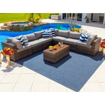 Sorrento 8-Piece Resin Wicker Outdoor Patio Furniture Sectional Sofa Set in Brown w/ Seven Sectional Seats and Coffee Table (Flat-Weave Brown Wicker, Polyester Light Gray)