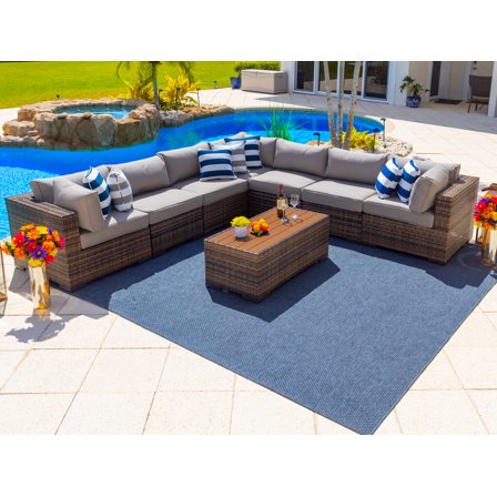 Sorrento 8-Piece Resin Wicker Outdoor Patio Furniture Sectional Sofa Set in Brown w/ Seven Sectional Seats and Coffee Table (Flat-Weave Brown Wicker, Polyester Light Gray)