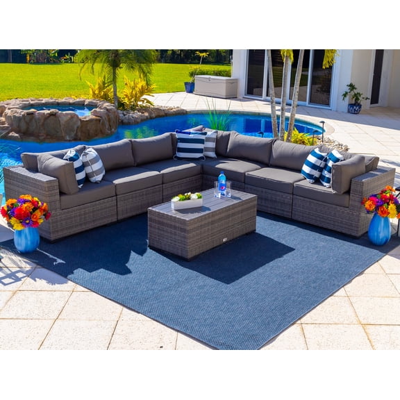 Sorrento 8-Piece Resin Wicker Outdoor Patio Sectional Sofa Set in Gray w/ Seven Sectional Seats and Coffee Table (Flat-Weave Gray Wicker, Sunbrella Canvas Charcoal)
