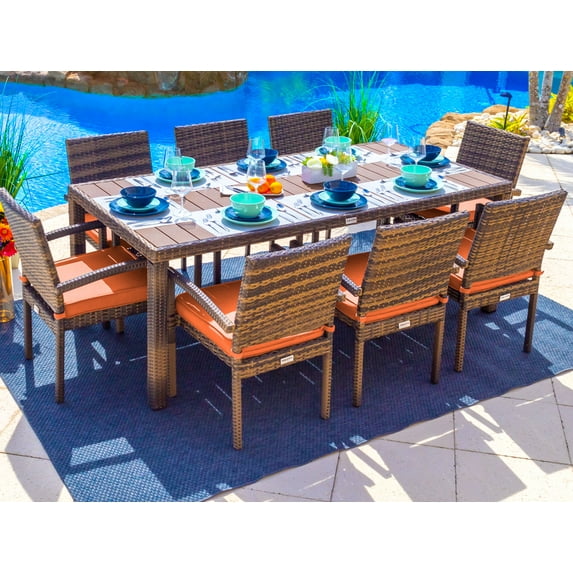 Sorrento 9-Piece Resin Wicker Outdoor Patio Furniture Rectangular Dining Table Set in Brown W/ Dining Table and Eight Cushioned Chairs (Flat-Weave Brown Wicker, Sunbrella Canvas Tuscan)