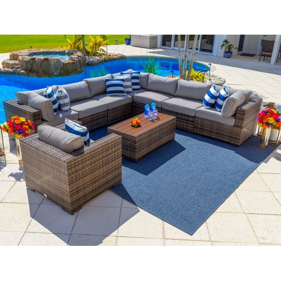 Sorrento 9-Piece Resin Wicker Outdoor Patio Furniture Sectional Sofa Set in Brown w/ Seven Sectional Seats, Armchair, and Coffee Table (Flat-Weave Brown Wicker, Polyester Light Gray)
