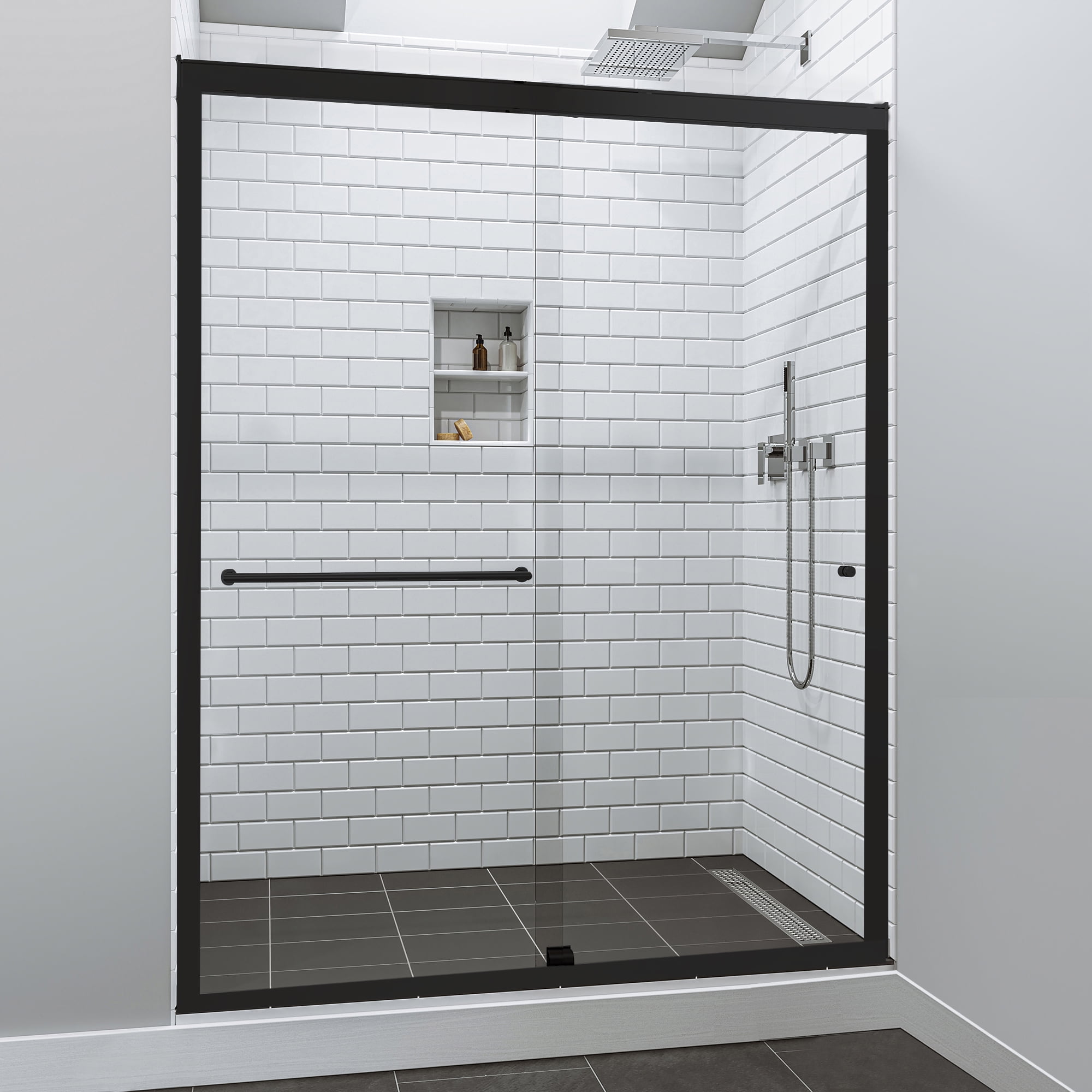 60'' x 70'' Matte Black Semi-Frameless Sliding Shower Door