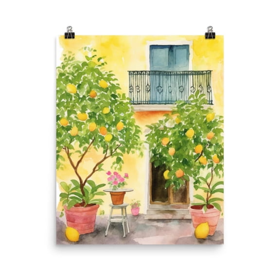 Sorrento Lemon Trees Print, Italian Travel Wall Art, Amalfi Coast Poster, Mediterranean Kitchen Decor, Farmhouse Fruit Artwork Home Decor #3946, Stretched Canvas Size 16x24