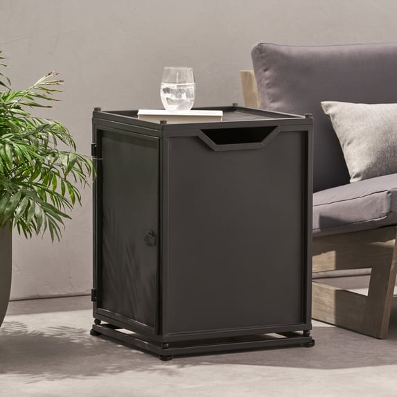 Christopher Knight Home Outdoor Modern Metal Tank Holder Side Table, Powder-Coated Iron with Door, Matte Black