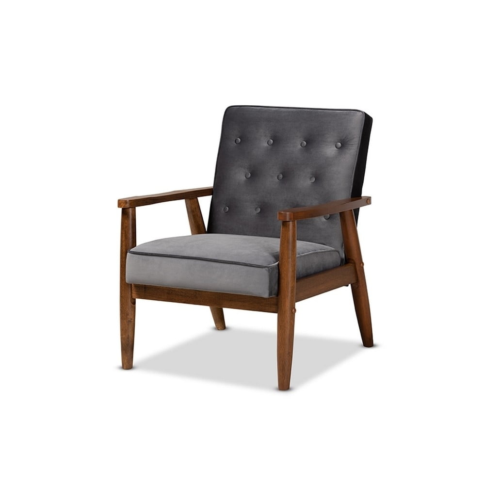 Mid-Century Modern Gray Velvet and Walnut Wood Accent Chair