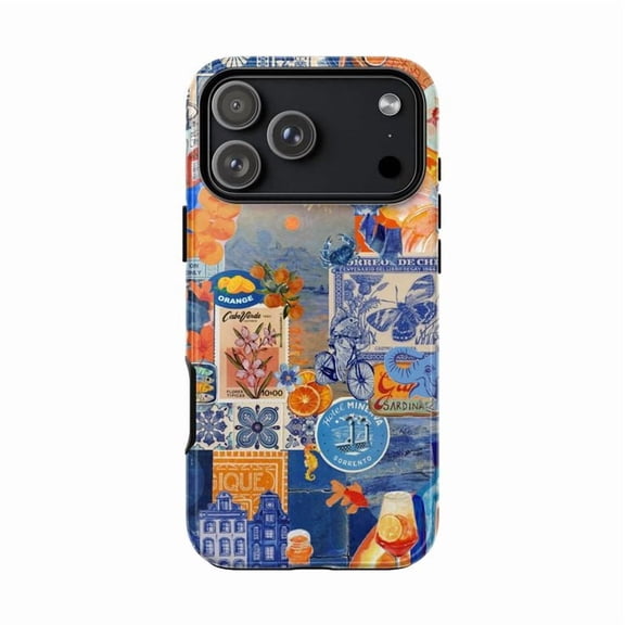 Sorrento Travel Art Phone Case, Blue Tile & Orange Coastal Aesthetic Cover for iPhone 17 16 15 14 13 12 11 Pro Plus Mini