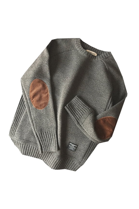 Men Winter Thick Chunky Knit Long Sleeve Sweater Vintage Elbow Patch Faux Wool Pullover Top Solid Color Casual Loose Jumper Shirt Streetwear